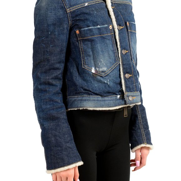 Dsquared2 Women's Denim & Leather Fur Full Zip Shearling Jacket US S IT 40 - Picture 2 of 6